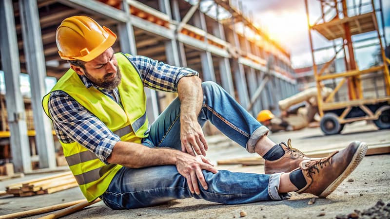 Salarié blessé sur un chantier de construction illustrant un accident du travail et l’importance de la prévention des risques professionnels.
