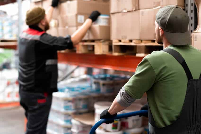 Deux opérateurs en entrepôt effectuant des gestes de manutention et de stockage, illustrant les risques physiques couverts par la formation PRAP IBC.
