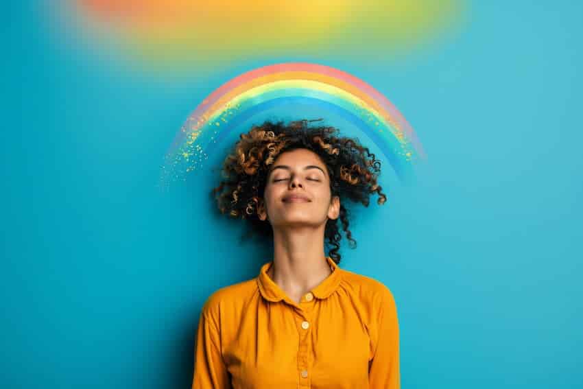 Illustration symbolique d'une personne sereine avec un arc-en-ciel représentant le bien-être mental, illustrant l'approche bienveillante des premiers secours en santé mentale PSSM en entreprise.