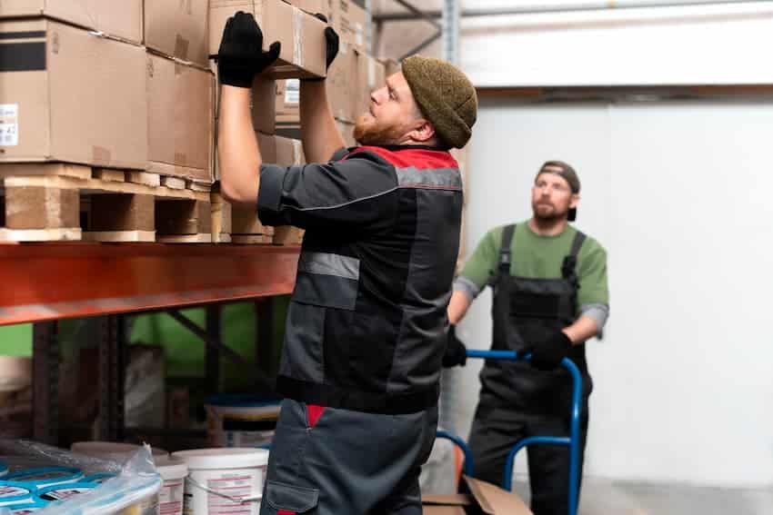 Deux manutentionnaires déplaçant des cartons et un chariot en entrepôt, illustrant les opérations de manutention manuelle et de port de charges en milieu professionnel.