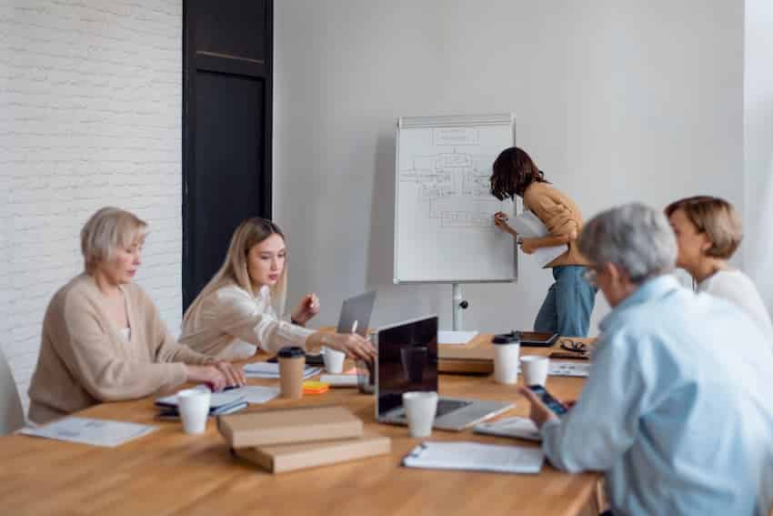 Équipe RH réunie autour d'une table de travail avec un tableau de planification, illustrant l'arbitrage du budget formation avant la clôture de l'exercice.