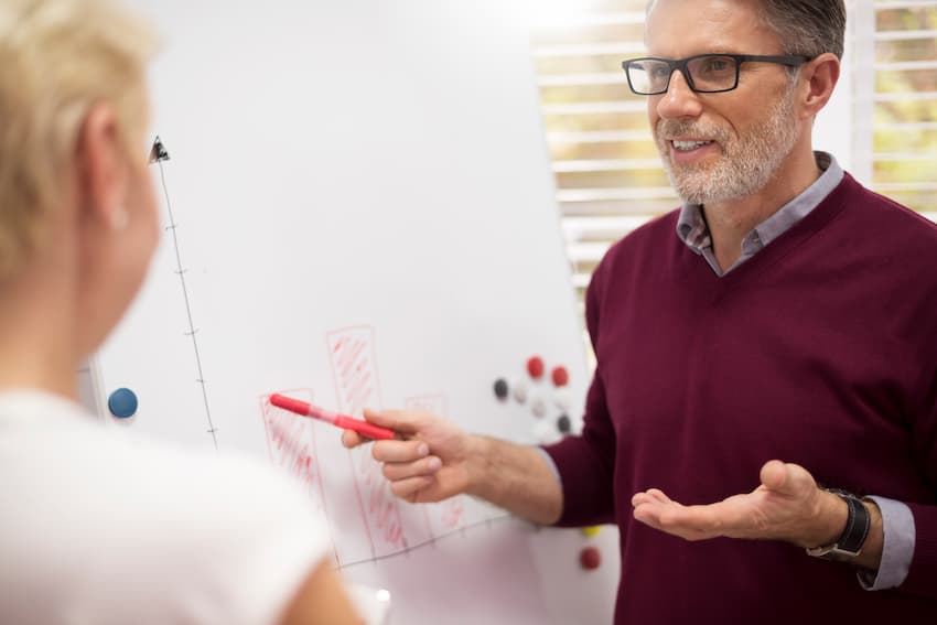 Formateur commentant un graphique au paperboard face à une stagiaire.